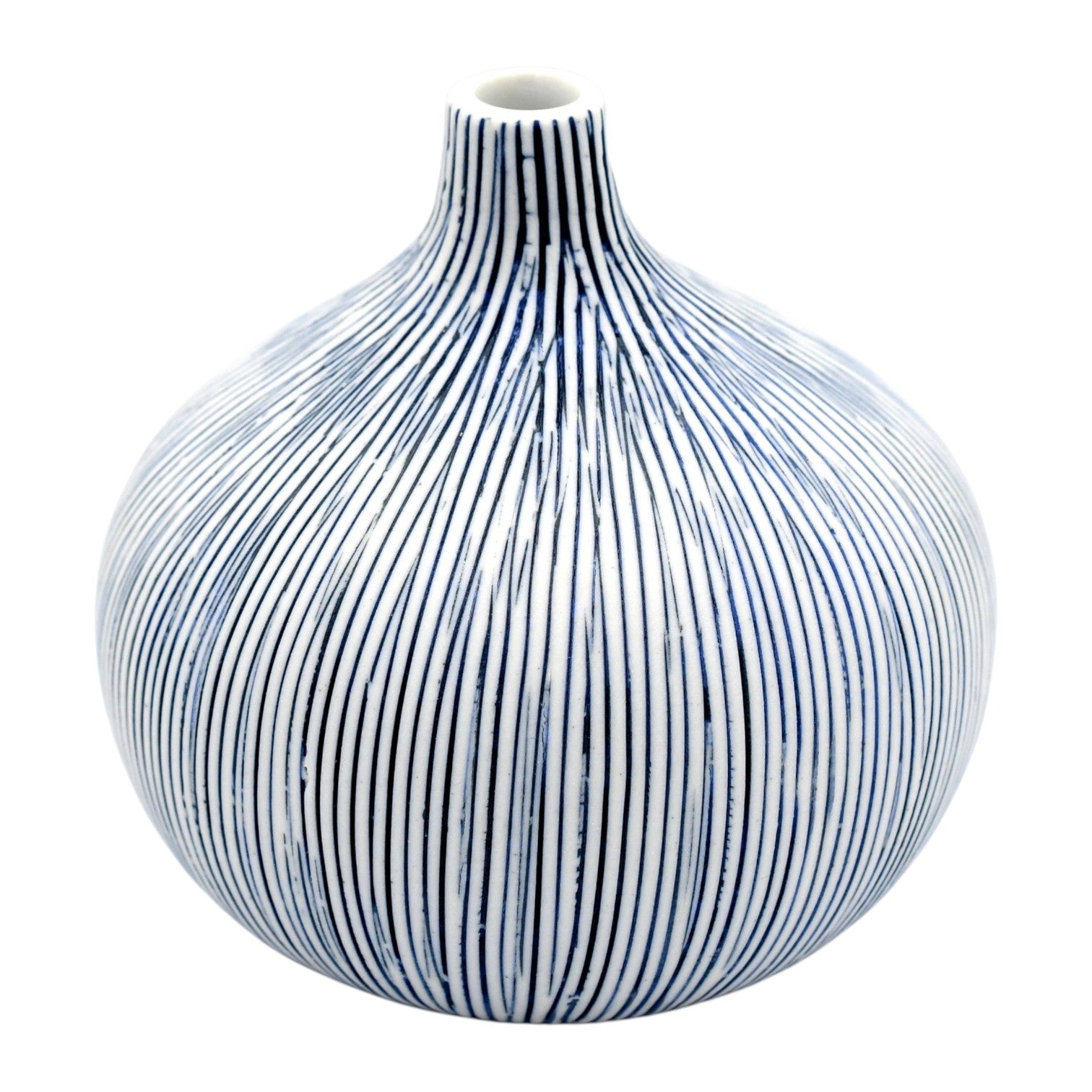Tiny Congo - Handcrafted Porcelain Bud Vase - White with Blue Stripes -3.2 x 3.2 x 3.4 in - Mellow Monkey