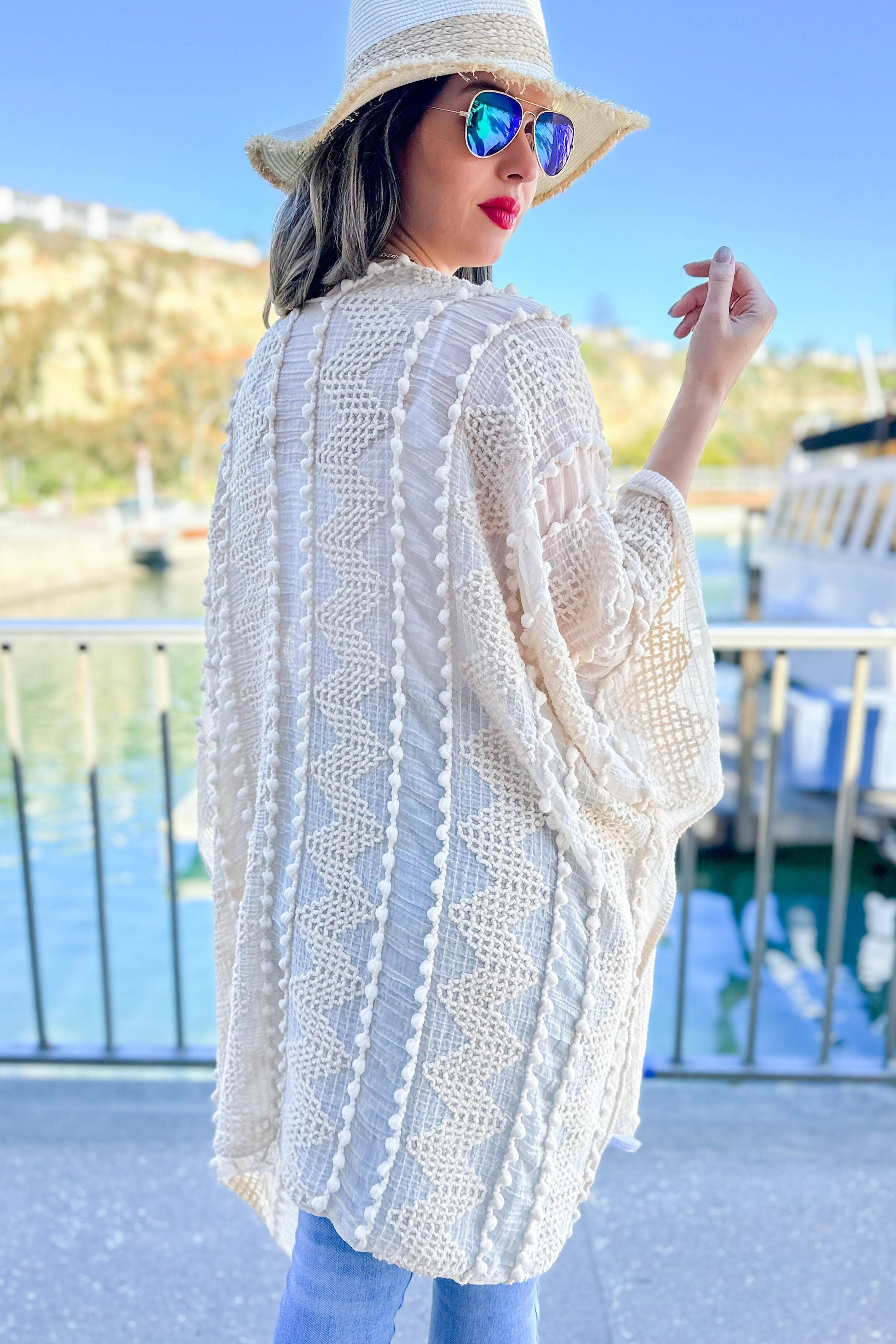 Ivory 3D Textured Open Front Soft Kimono Cover Up - Mellow Monkey
