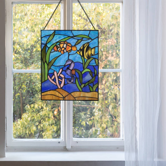 Underwater Blue Ocean Scene Stained Glass Window Panel - 14-in - Mellow Monkey