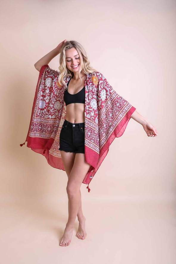 Tapestry Tassel Moroccan Kimono-Red Lavender - Mellow Monkey