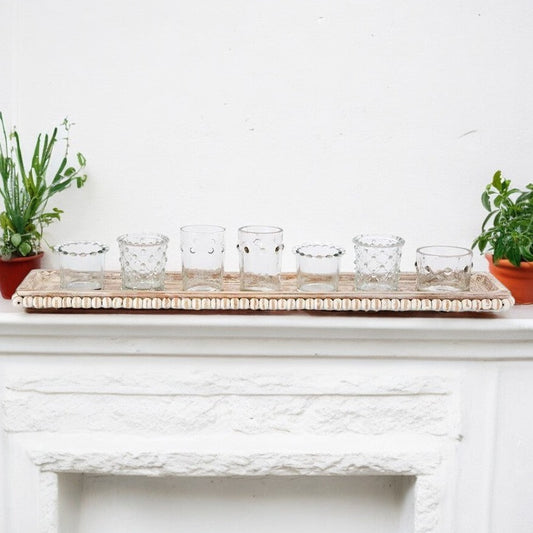 White Wash Beaded Tray with 7 Clear Glass Votives - Set - 22-in - Mellow Monkey