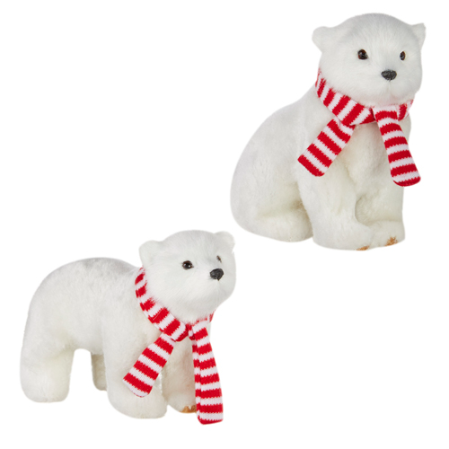 Faux Fur Polar Bear with Scarf Ornament - 5-1/4-in - Mellow Monkey