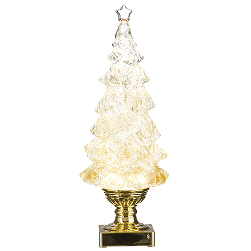 crystal clear light up Christmas tree with gold glitter and gold base