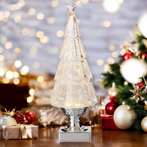 Lighted Swirling Glitter Tree Snow Globe Water Lantern - SILVER - 13-3/4-in