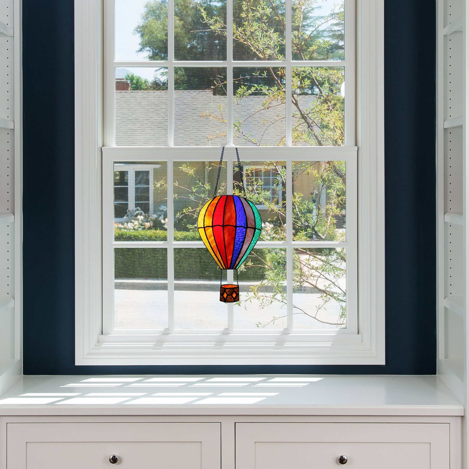 Otis Red Hot Air Balloon Stained Glass Window Panel - 11-in - Mellow Monkey