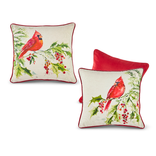 Cardinal on Holly Branch Pillow - 18-in - Mellow Monkey