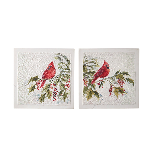 Cardinal on Holly Branch Textured Wood Block - 12-in - Mellow Monkey