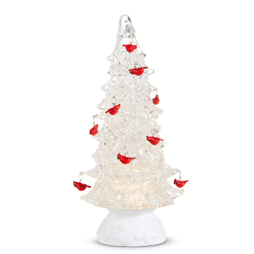 Lighted Ice Crystal Swirling Glitter Tree With Cardinal Ornaments Snow Globe Water Lantern - 12-in - Mellow Monkey