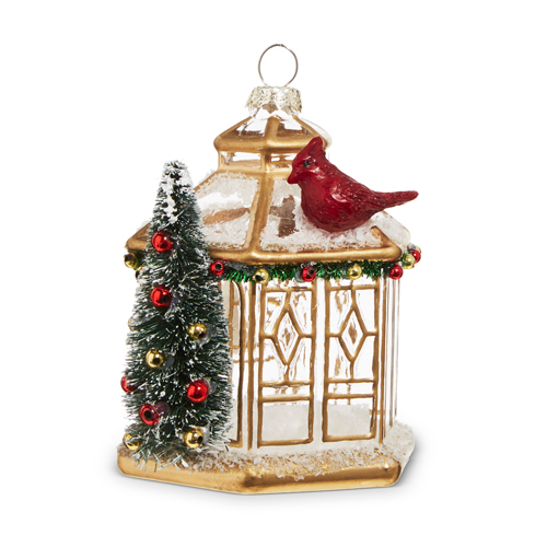 Glass Gold Pagoda with Cardinal Ornament - 3-3/4-in - Mellow Monkey