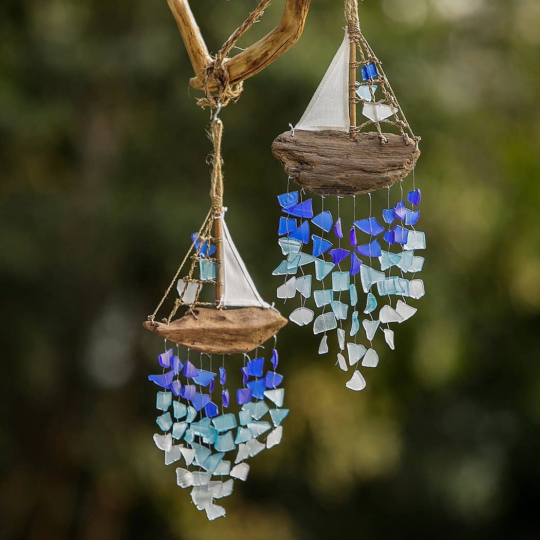 Driftwood Boat Windchime with Sea Glass - 16-in - Mellow Monkey