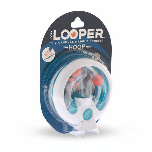 Looper hoop packaging with blue and white design on a white background