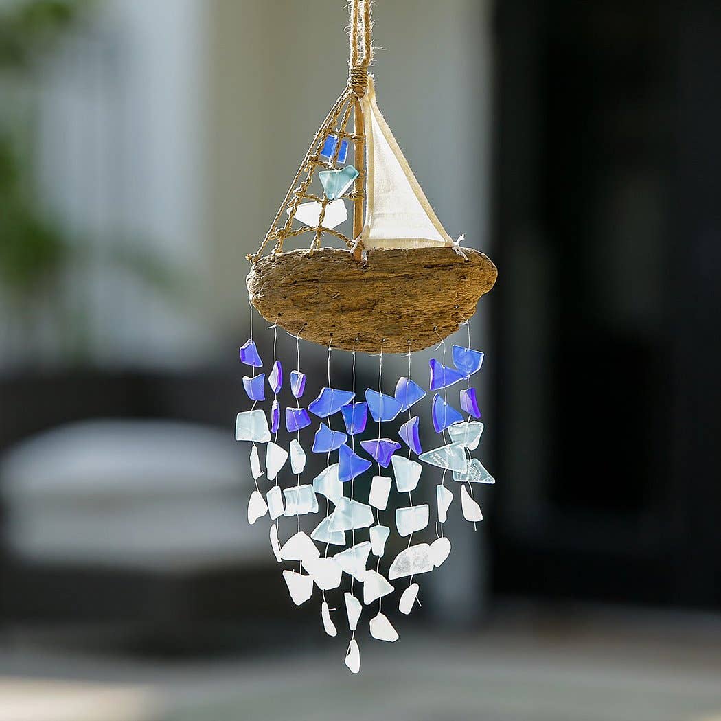 Driftwood Boat Windchime with Sea Glass - 16-in - Mellow Monkey