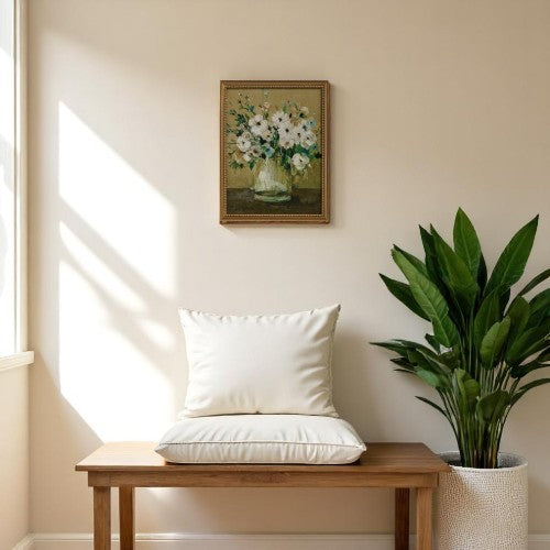 White Flowers in Large Glass Vase - Framed Wall Art - 18-in x 14-in - Mellow Monkey