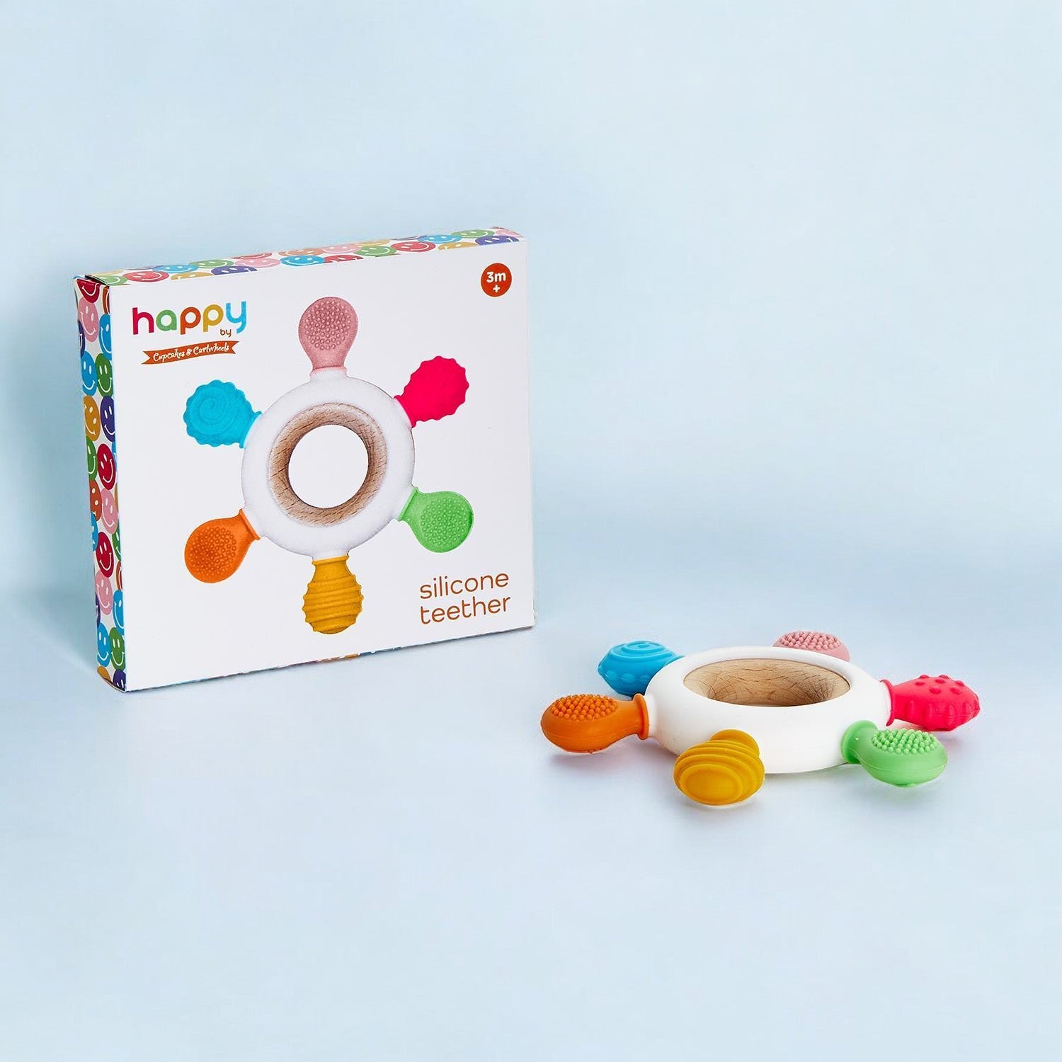 Happy Silicone and Wood Teether in a Gift Box - Mellow Monkey