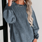 Solid Ribbed Knit Round Neck Pullover Sweatshirt - Blue - Mellow Monkey