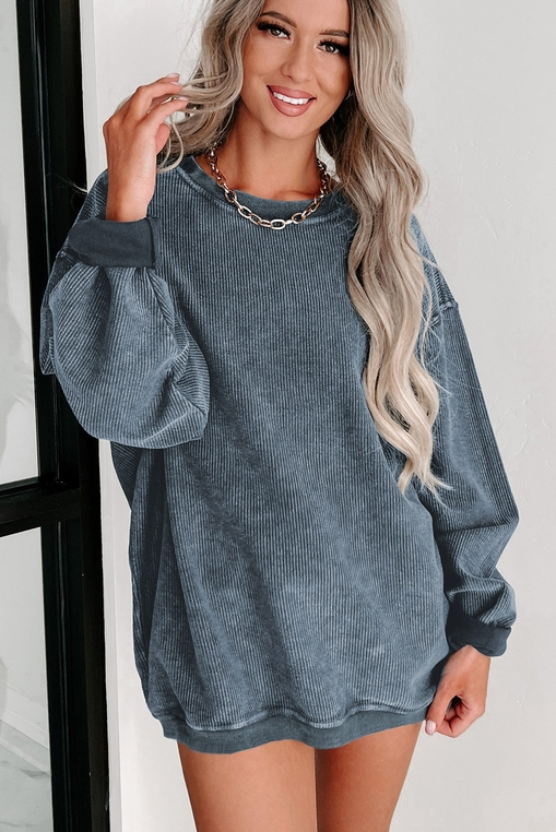 Solid Ribbed Knit Round Neck Pullover Sweatshirt - Blue - Mellow Monkey