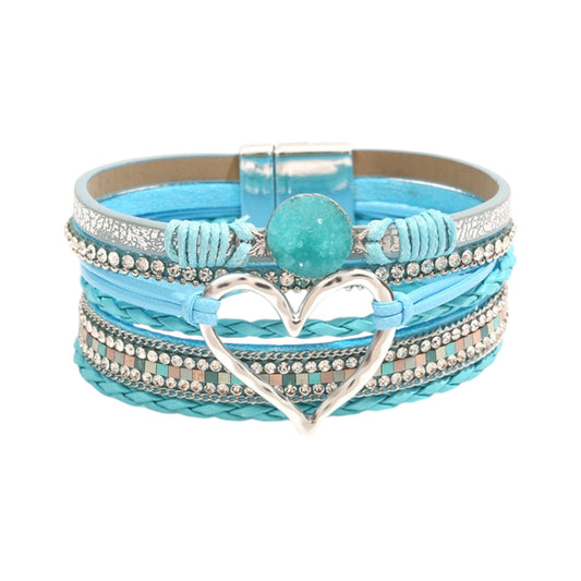 Bohemian Heart Rhinestone Magnetic Buckle Bracelet - Lake Blue