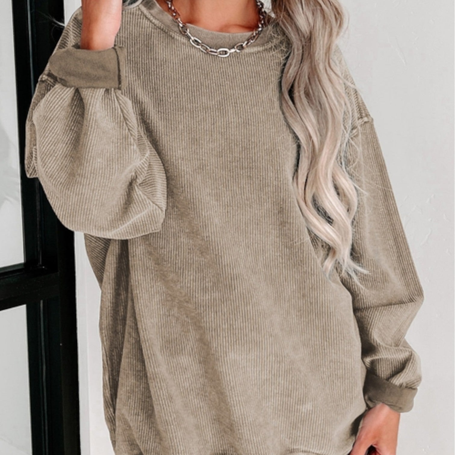 Solid Ribbed Knit Round Neck Pullover Sweatshirt - Khaki - Mellow Monkey