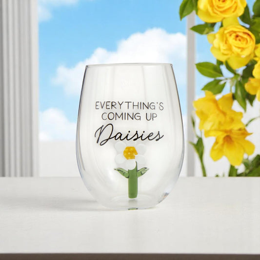 Stemeless Wine Glass With Blown Glass Daisy Flower - Mellow Monkey