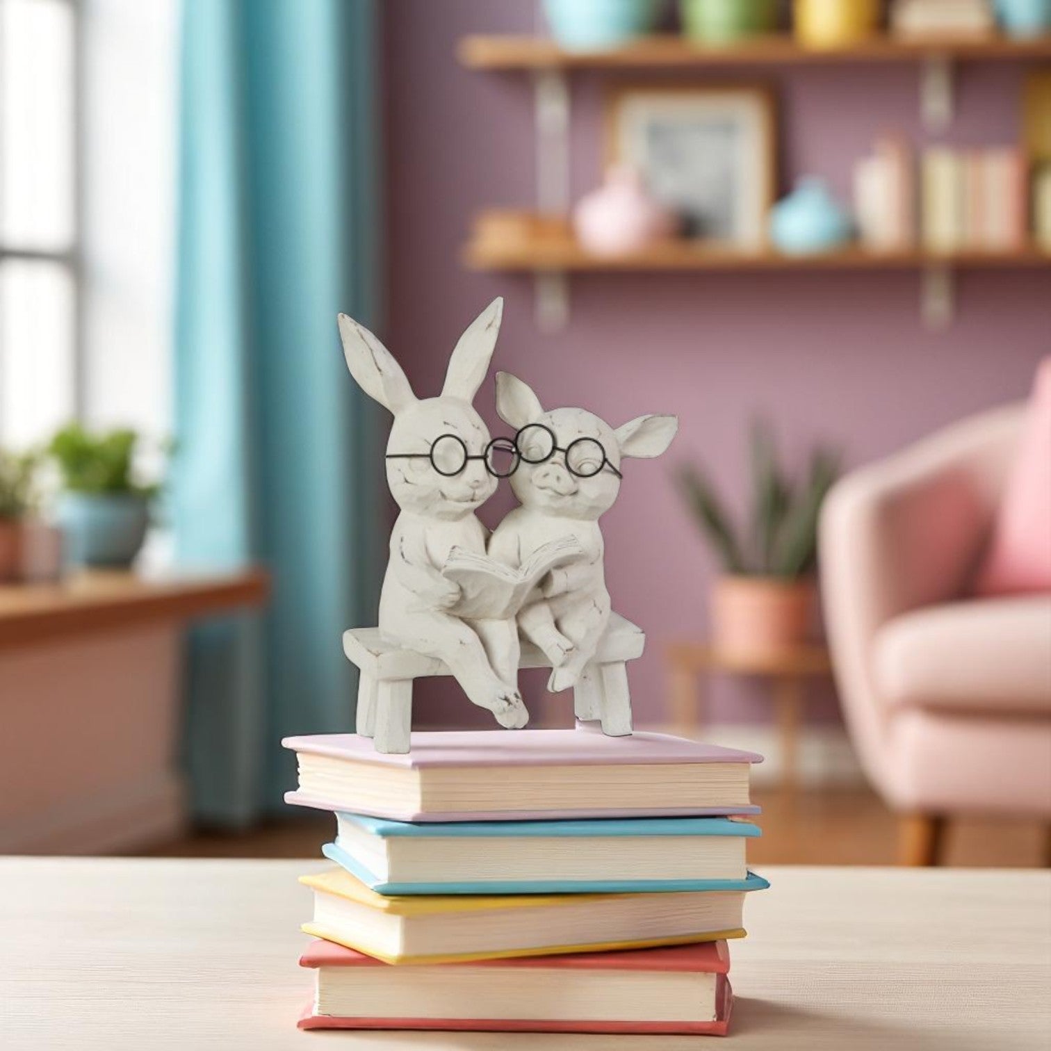 Reading Bunny and Pig on Bench - 7-in. - Mellow Monkey