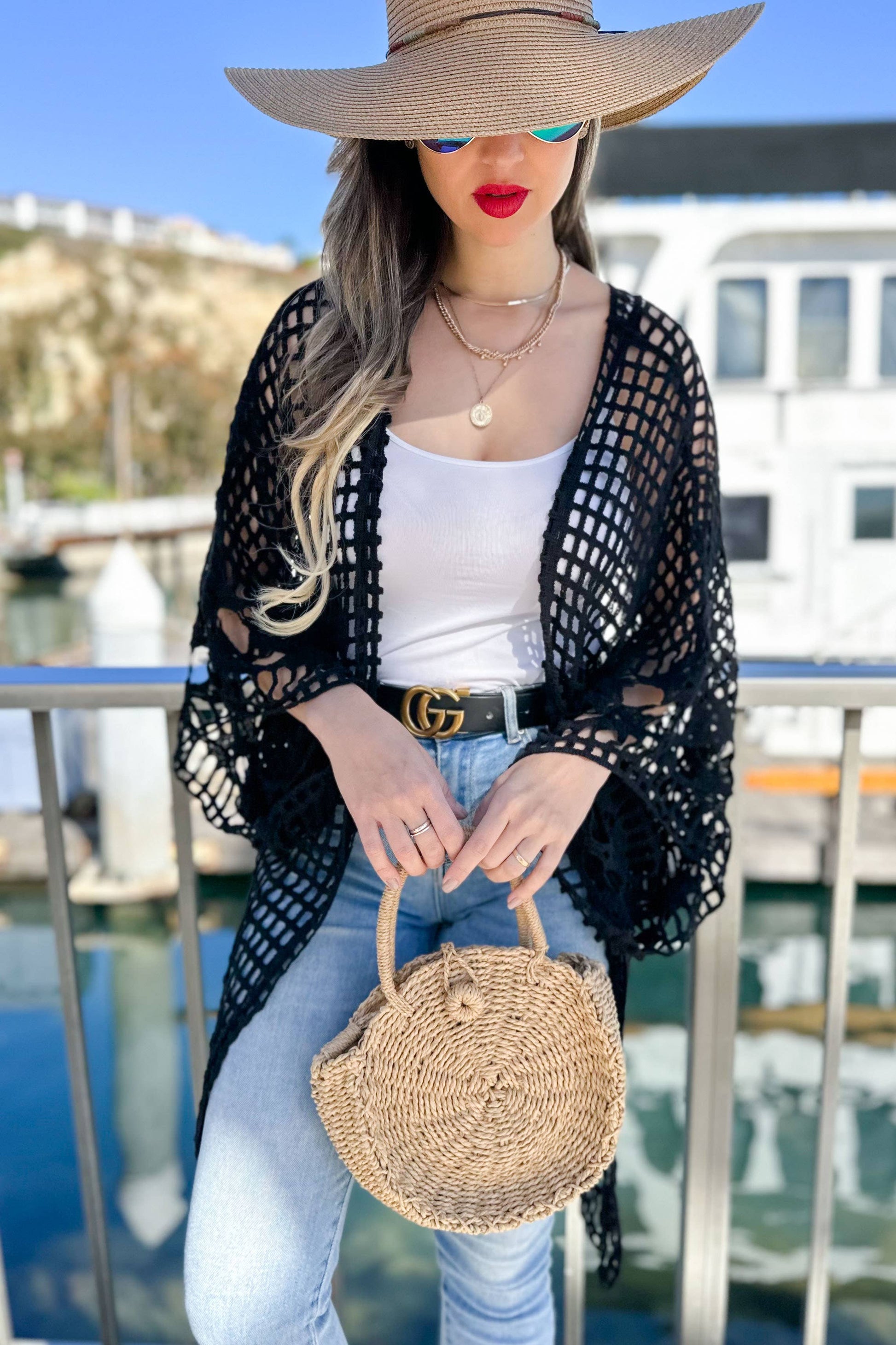 Black Floral Crochet Wide Sleeve Knitted Kimono Cardigan - Mellow Monkey