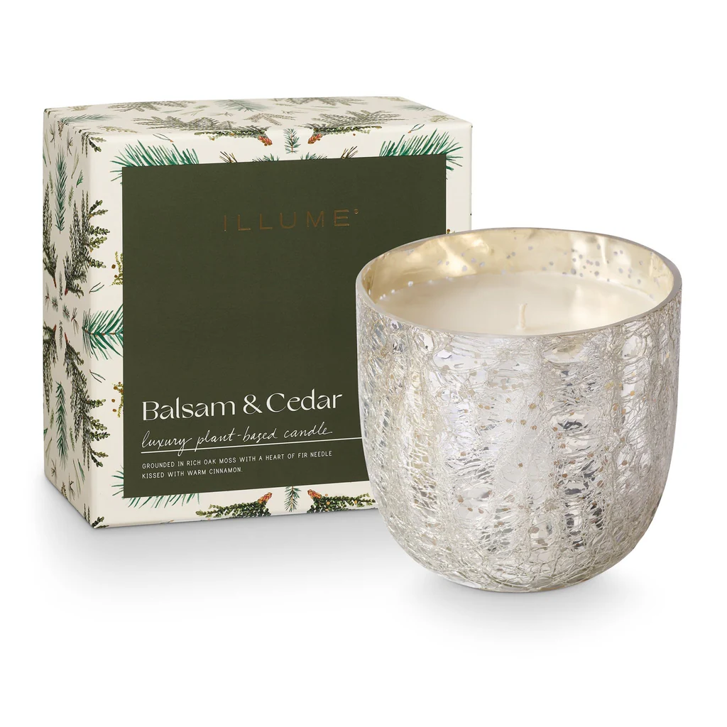 Balsam & Cedar Large Boxed Crackle Glass Candle - Mellow Monkey