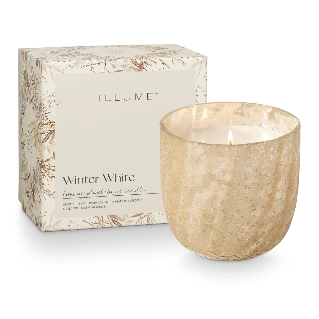 Winter White Large Boxed Crackle Glass Candle - Mellow Monkey