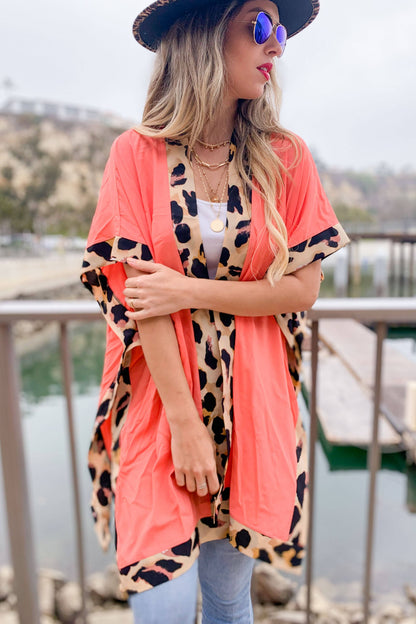 Coral Solid Leopard Trim Detail Kimono Cardigan - Mellow Monkey