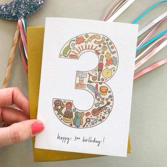 3rd Birthday Card - Hand Illustrated Vintage Style - Mellow Monkey