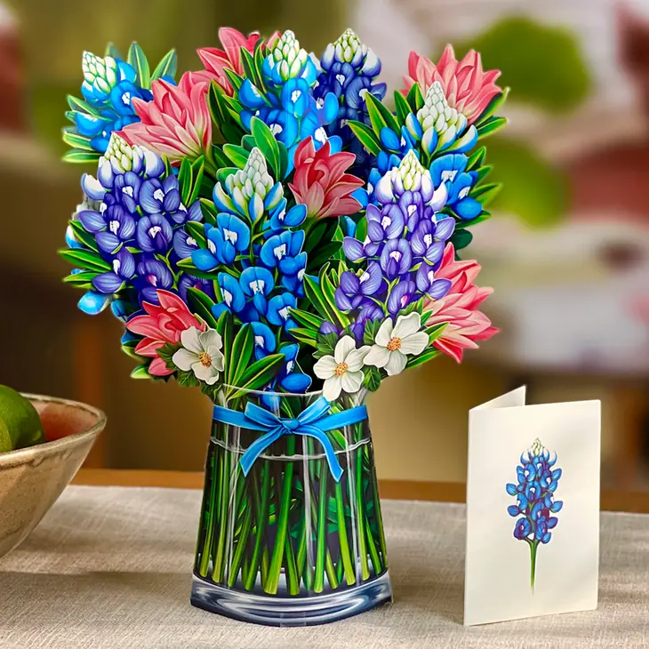 Pop-Up Flower Bouquet Greeting Card - Blue Bonnets - Mellow Monkey