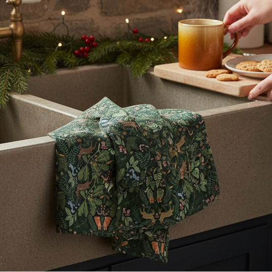 Mellow Monkey Woodland Wonder double-sided waffle dish towel with forest animal print draped over a farmhouse sink.