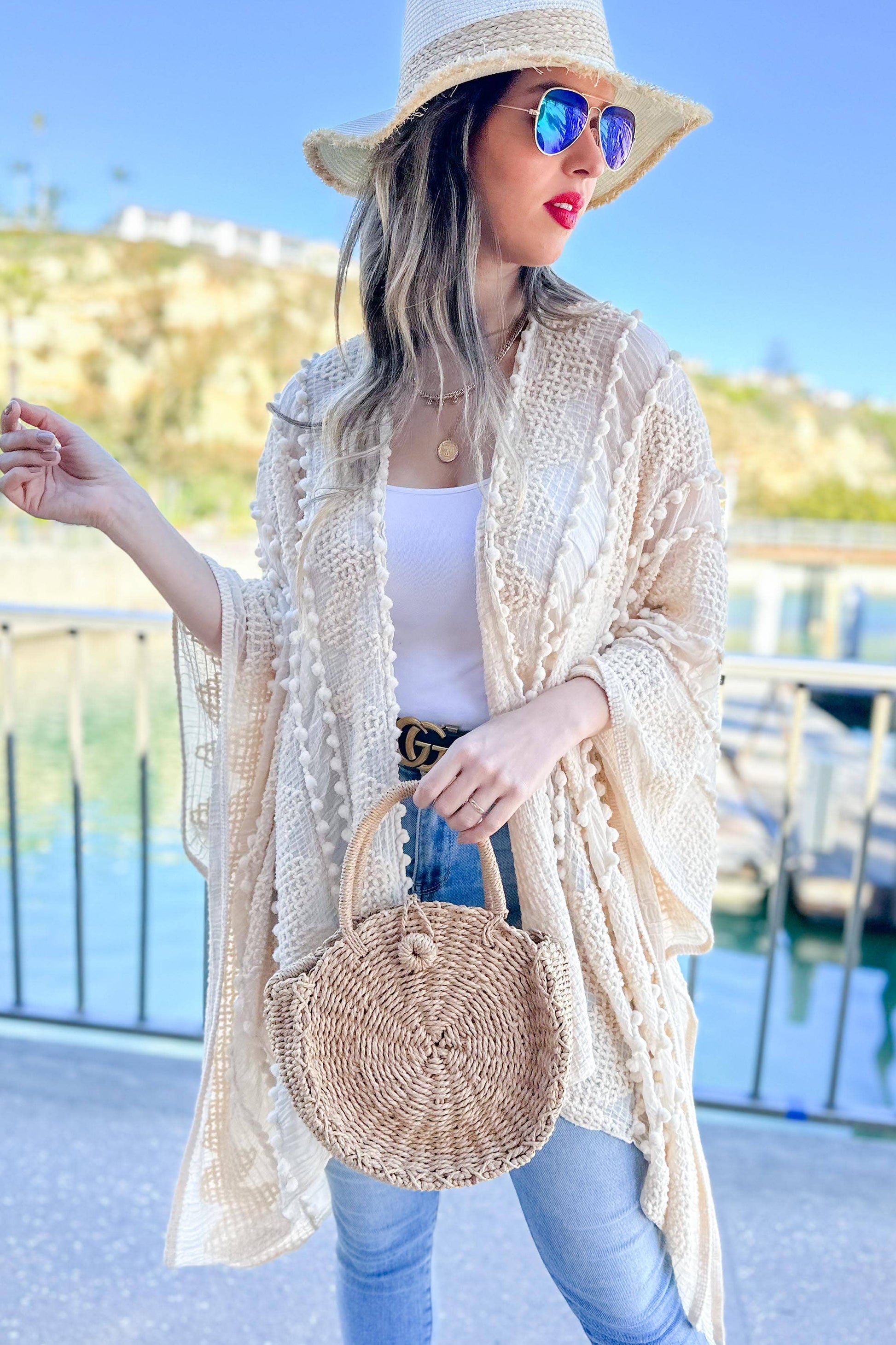 Ivory 3D Textured Open Front Soft Kimono Cover Up - Mellow Monkey