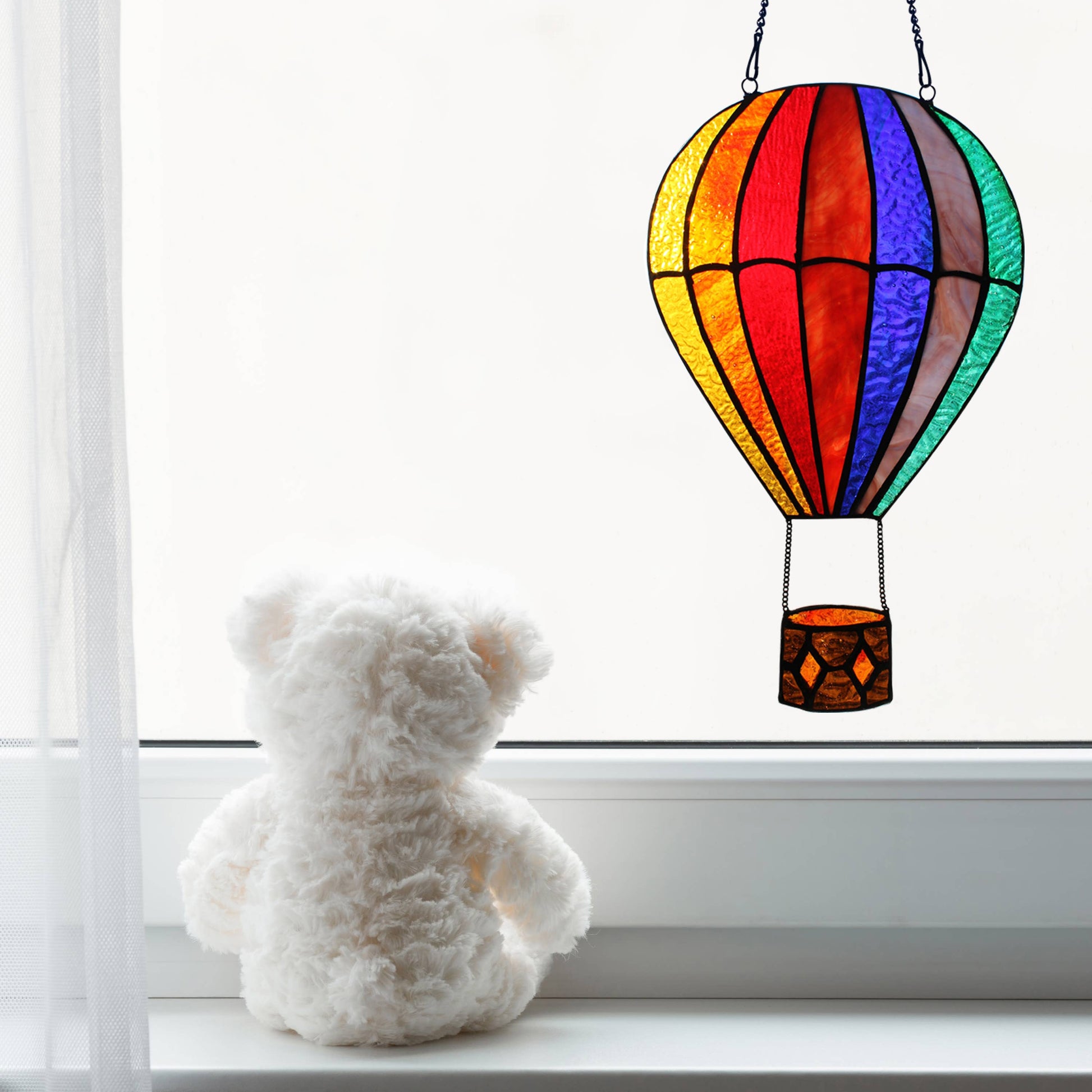 Otis Red Hot Air Balloon Stained Glass Window Panel - 11-in - Mellow Monkey