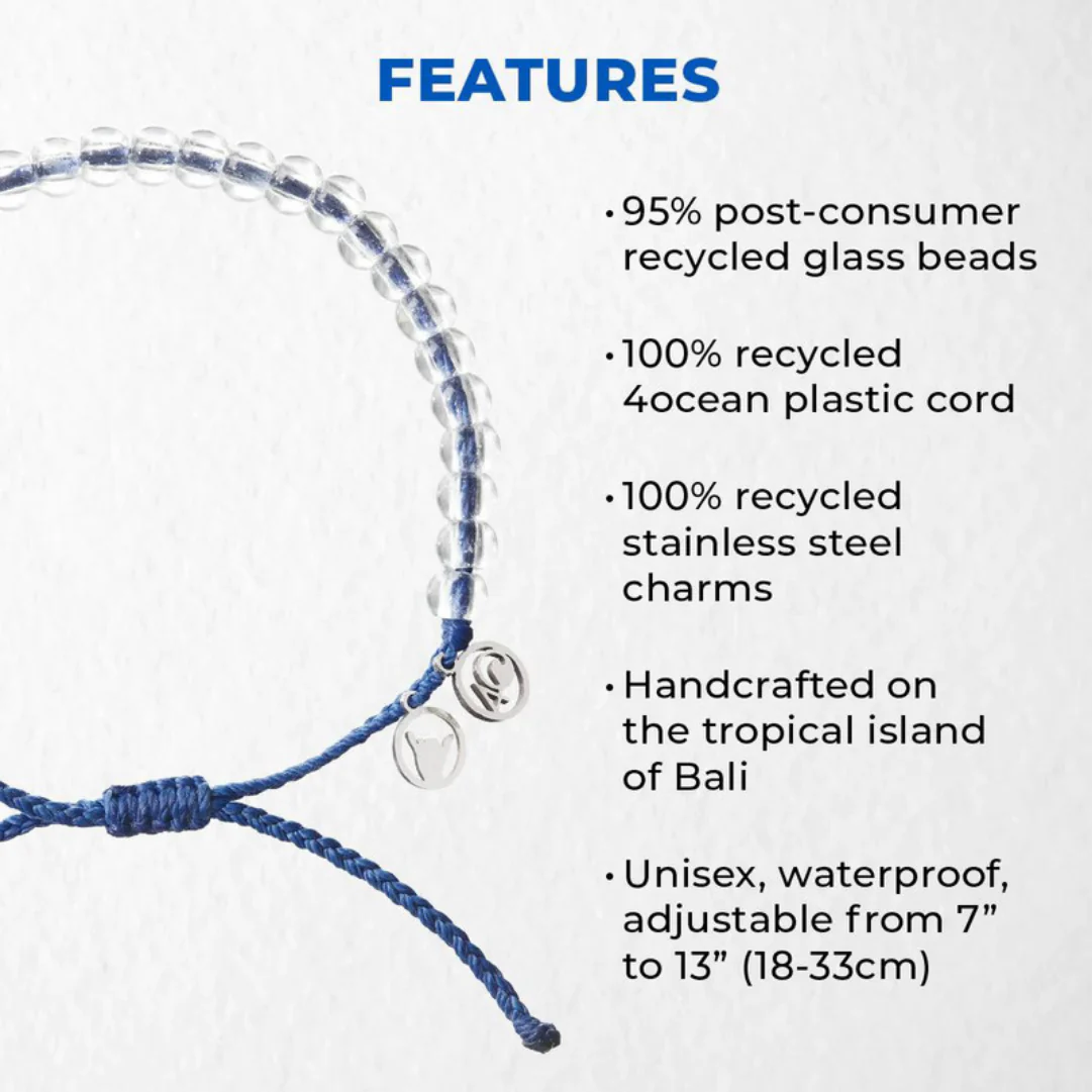 Features: 95% post-consumer recycled glass beads. 100% recycled 4ocean plastic cord. 100% recycled stainless steel charms. Handcrafted on the tropical island of Bali. Unisex, waterproof, adjustable from 7" to 13"