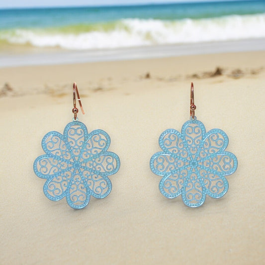 Blue Brass Filigree Flower Earring with Iridescent Color Coating - 1-1/2-in - Mellow Monkey