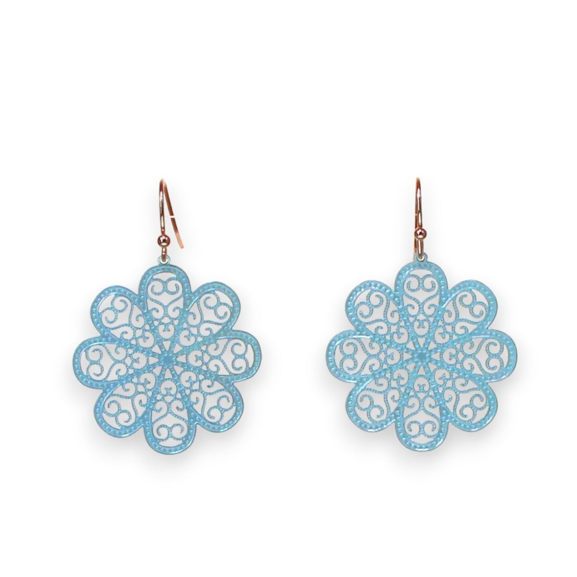 Blue Brass Filigree Flower Earring with Iridescent Color Coating - 1-1/2-in - Mellow Monkey