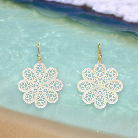 White Brass Filigree Flower Earring with Iridescent Color Coating - 1-1/2-in - Mellow Monkey