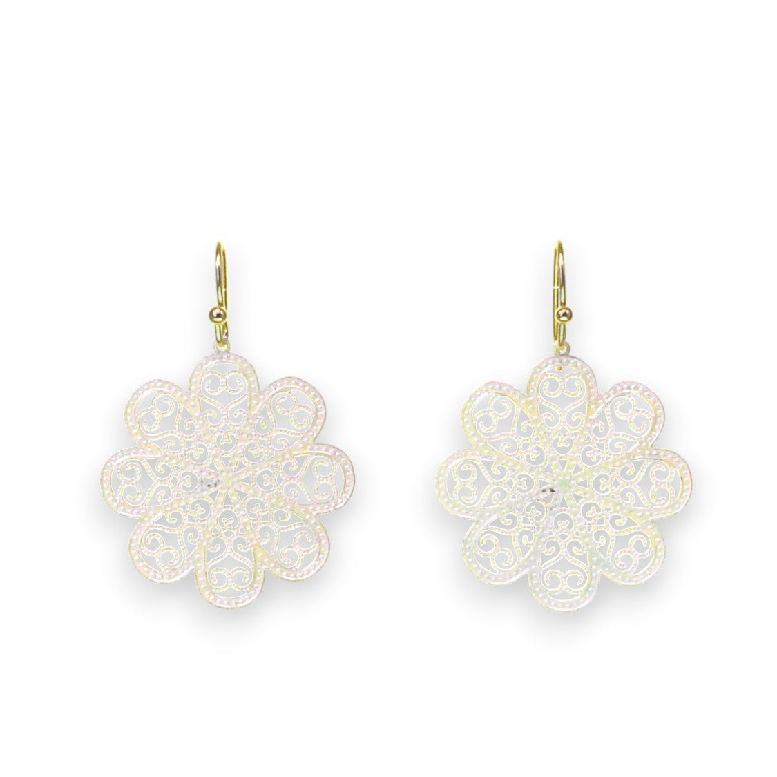 White Brass Filigree Flower Earring with Iridescent Color Coating - 1-1/2-in - Mellow Monkey