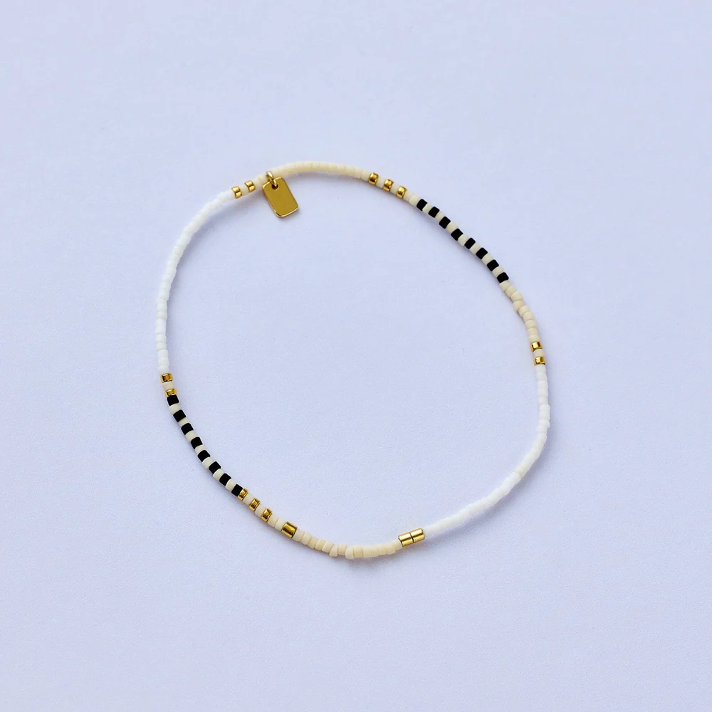 Pura Vida Monochrome Mixed Seed Bead Gold Stretch Anklet - Mellow Monkey