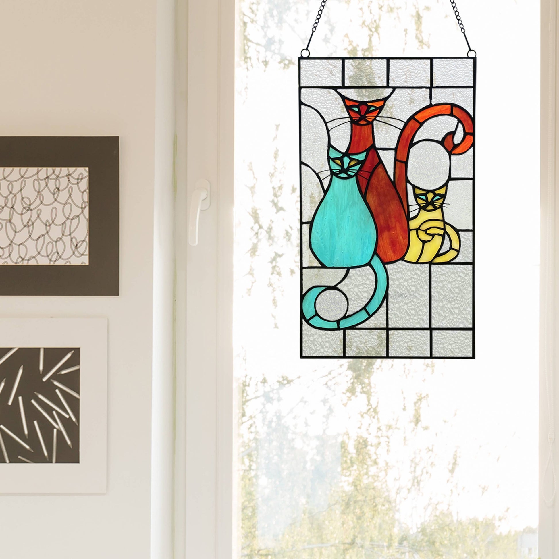 Coy Cats Trio Stained Glass Window Panel - 14-in - Mellow Monkey