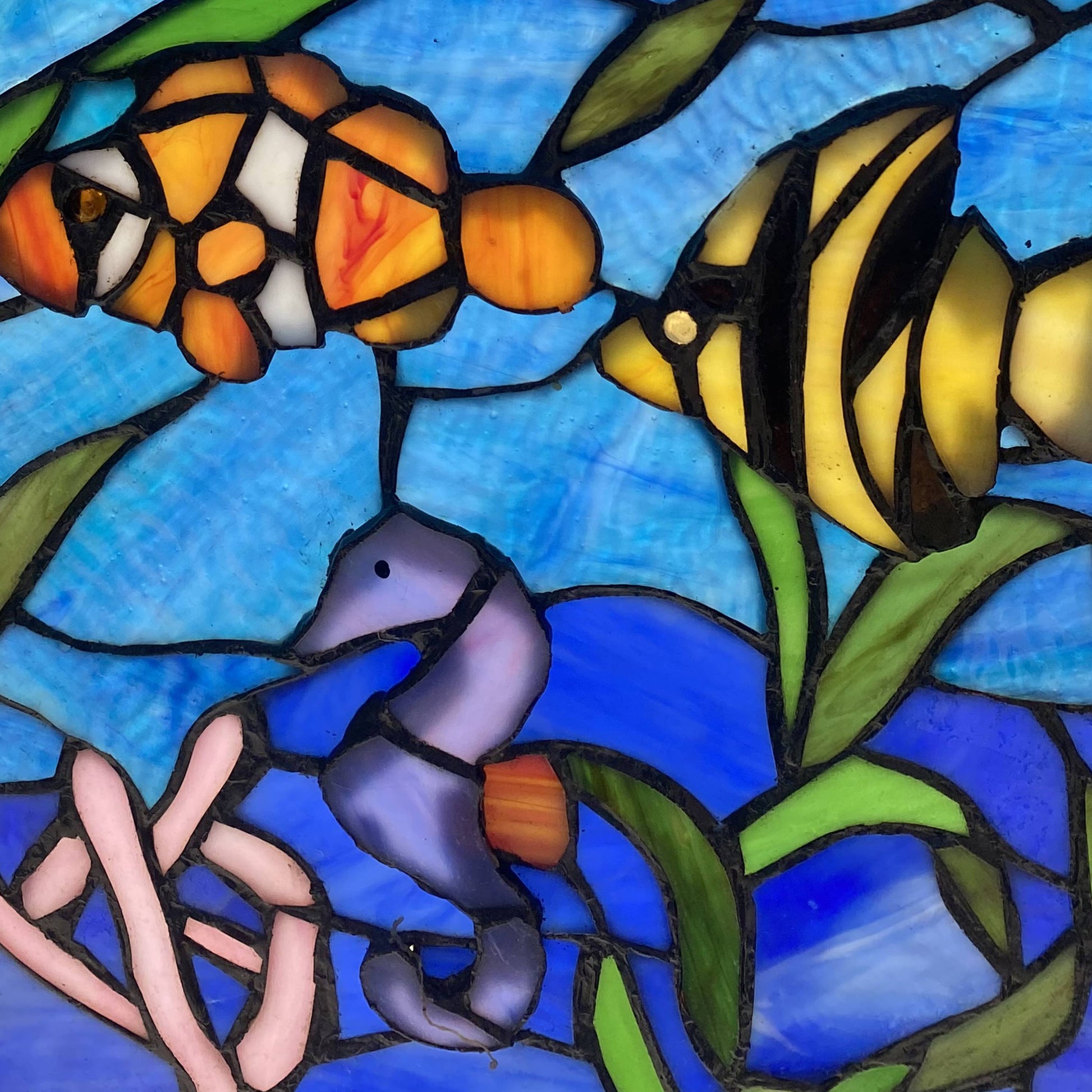 Underwater Blue Ocean Scene Stained Glass Window Panel - 14-in - Mellow Monkey