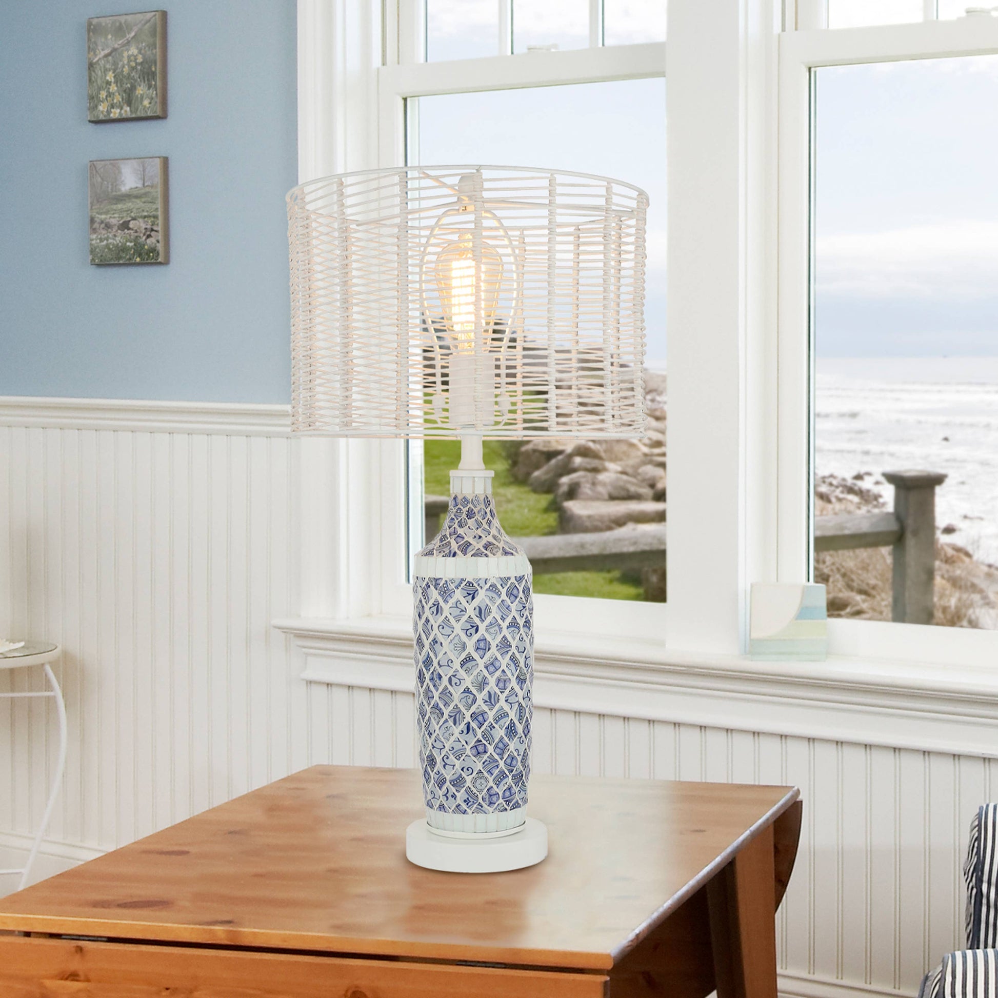Nantucket Blue-White Mosaic & Rattan Table Lamp - 25-in - Mellow Monkey