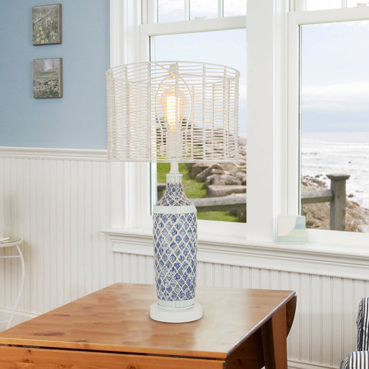 Nantucket Blue-White Mosaic & Rattan Table Lamp - 25-in - Mellow Monkey