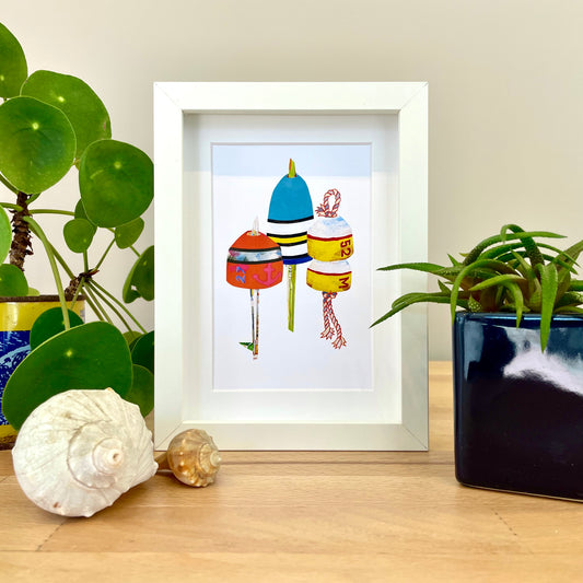 Triple Buoys 52-M White Shadowbox Framed Print by Keith MacLelland - 6 x 8-in - Mellow Monkey