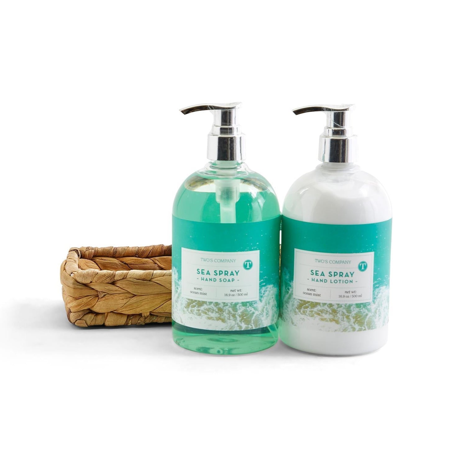 Sea Spray Ocean Scented Hand Soap and Lotion Set in Hand-Crafted Reed Tray - 16.9-oz each - Mellow Monkey