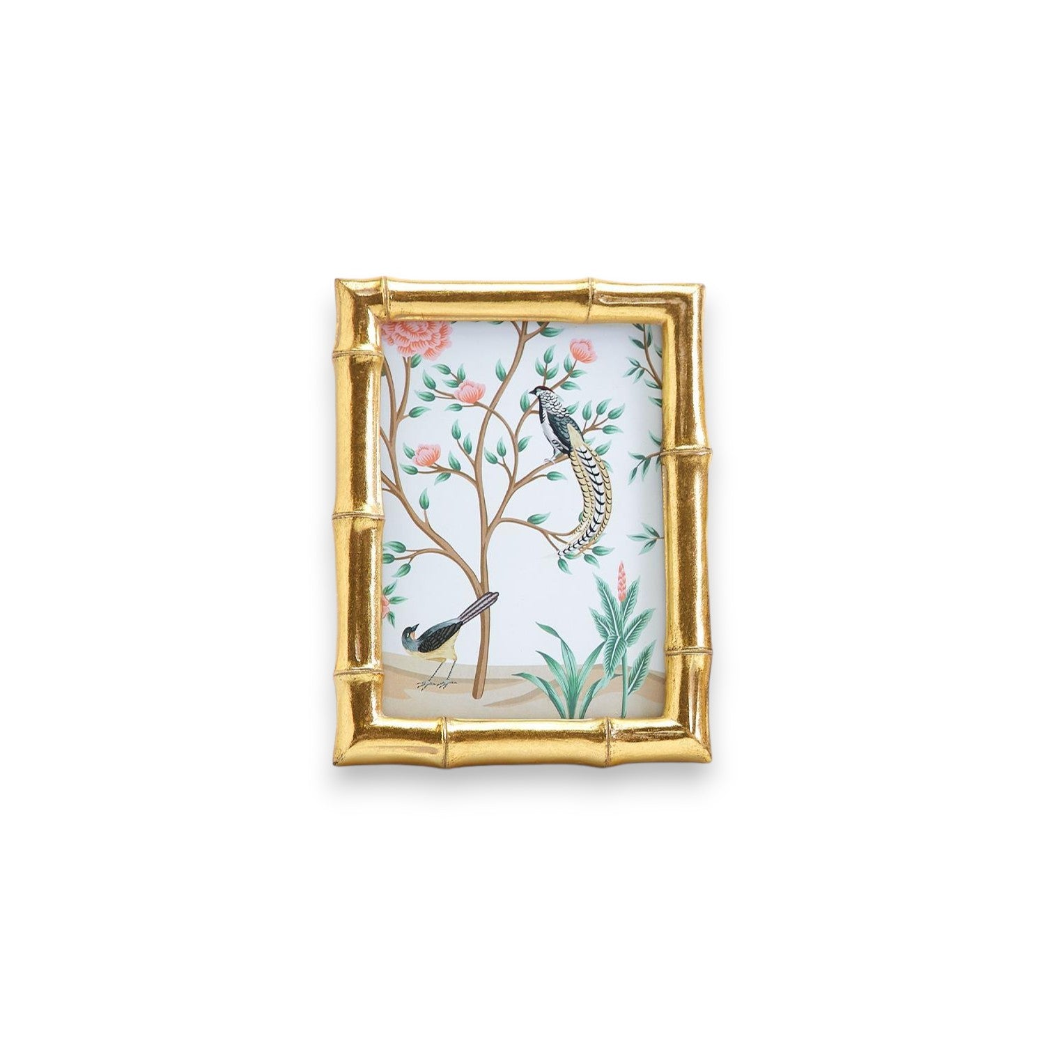 Gold Faux Bamboo Photo Frame with Flora and Fauna Art - Mellow Monkey