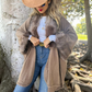 Faux Fur Trim Ruana Cape with Hook Closure - Warm Camel