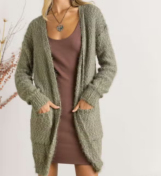 Boucle Knit Cardigan Sweater - New Olive - Mellow Monkey