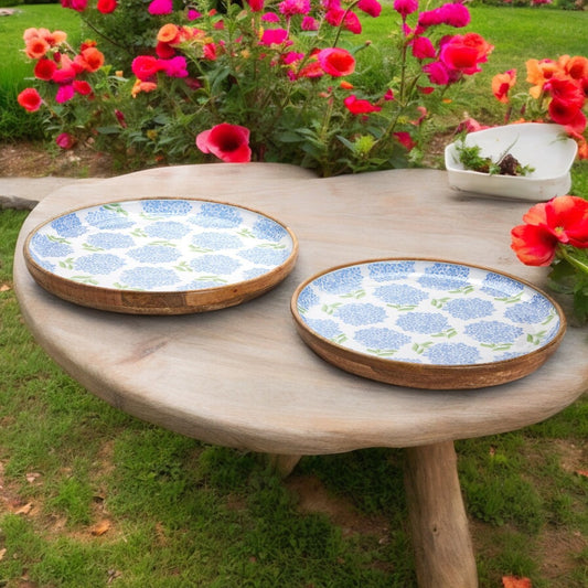Hydrangea Patterned Hand-Crafted Mango Wood Round Tray