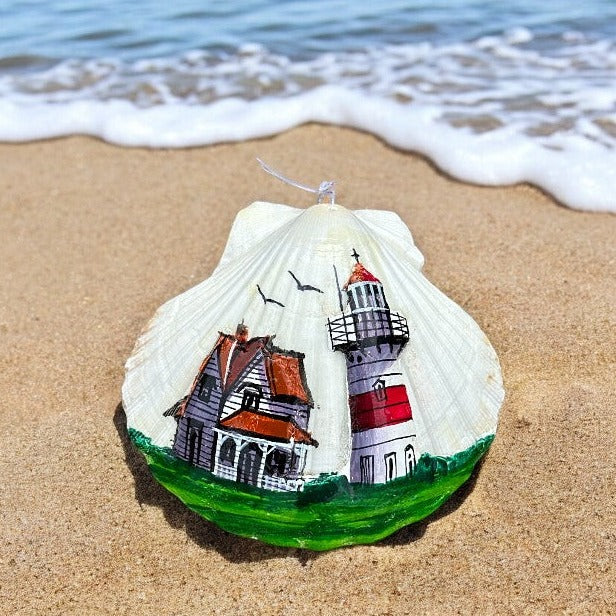 Hand Painted Shell Ornament - Stratford Point Lighthouse - Mellow Monkey